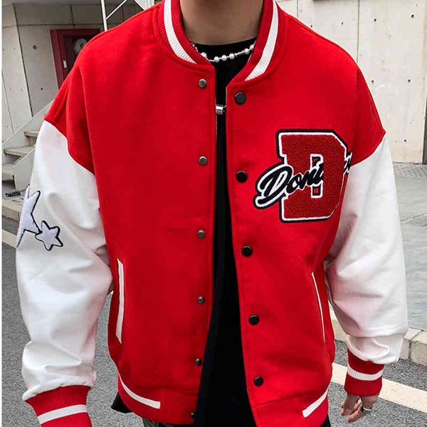 

letter embroidery men's jacket coat stitching baseball uniform y2k casual loose couple clothes unisex, Black;brown