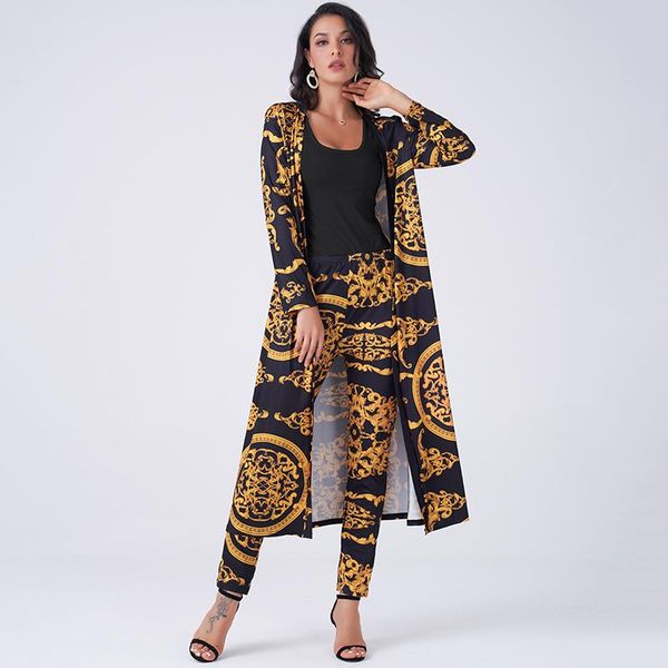 

women's two piece pants summer women 2 pieces set vintage palazoo print high waist elastic long sleeve open front coat homewear busines, White