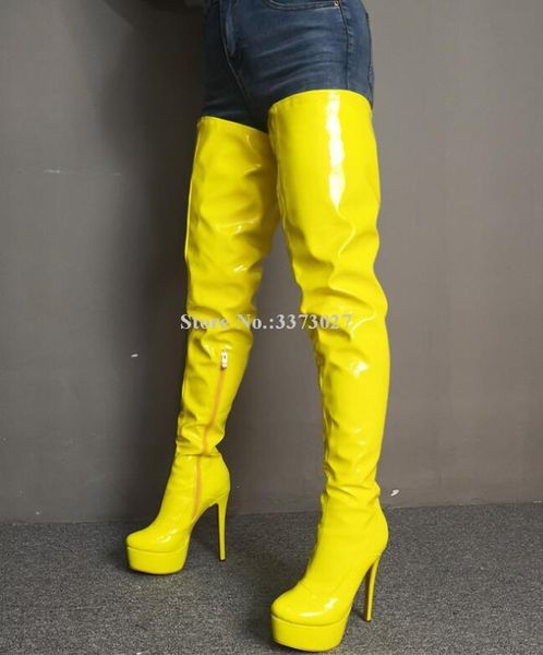 

boots yellow patent leather platform long women fashion stiletto heel over the knee thigh high ladies real pos boot, Black
