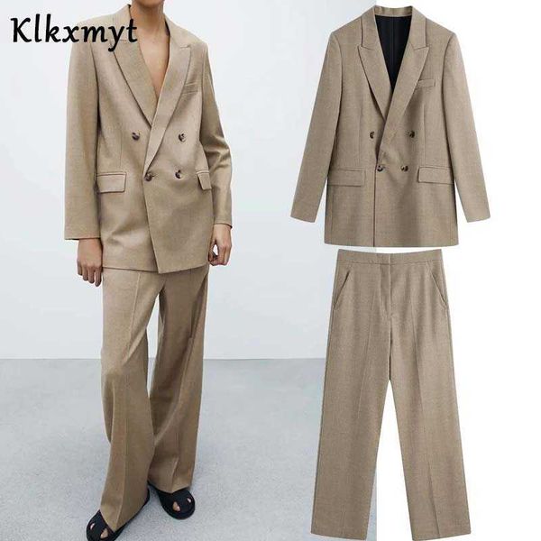 

klkxmyt za vintage khaki 2 piece set women blazer suit double-breasted long sleeve jacket female office straight pants sets 210527, White;black