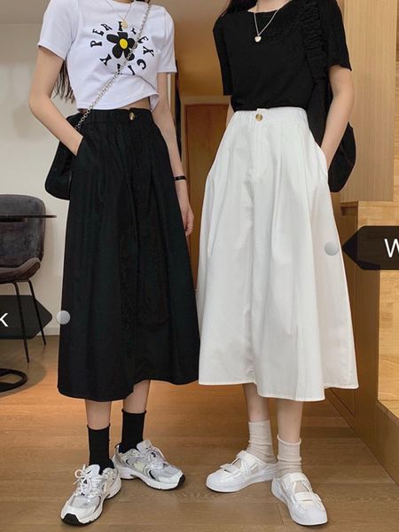 

skirts tooling a- line midi skirt for womens with button pockets summer 2021 korean-style high waist slim mid-length female ladyies, Black
