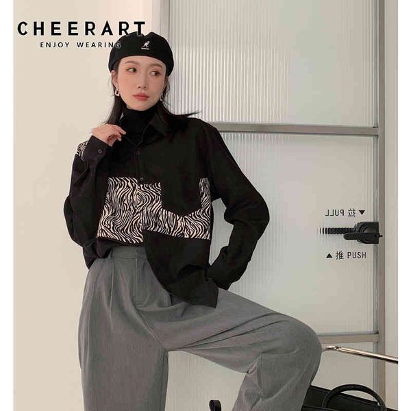 

streetwear fashion patchwork zebra print oversized shirt women button up long sleeve blouse clothing 210427, White