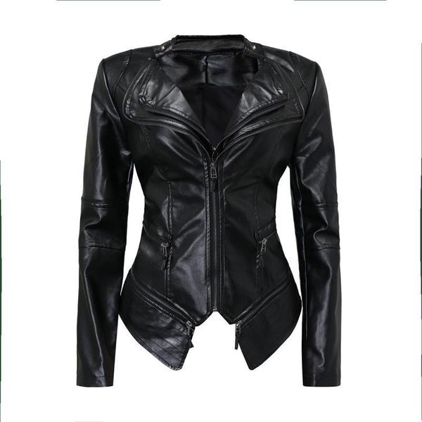 

women's leather & faux pu washable waistband slim rivets gothic black jacket outerwear