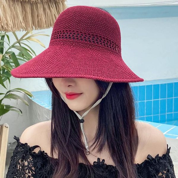 

summer women hat solid color straw empty breathable bow big brim cap beach visor outdoor vacation lady sun wide hats, Blue;gray
