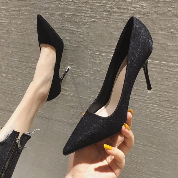 

dress shoes all-match pointed toe french girl net red 9cm high heels women stiletto shallow 2021, Black