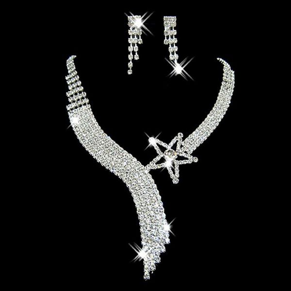 

earrings & necklace luxury female white crystal jewelry set charm silver color star dangle earring for women cute zircon wedding chain
