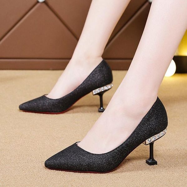 

dress shoes crystal heels pumps women wedding bridal silver pointed toe bling high ladies sequined cloth boat black 2021