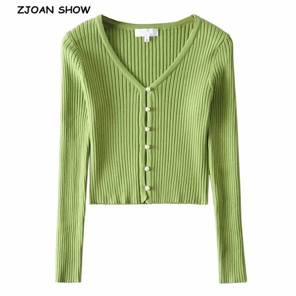 

chic retro knitting single breasted pearl cardigan sweater woman stripe line v neck long sleeve jumper knitted knitwear 210429, White;black