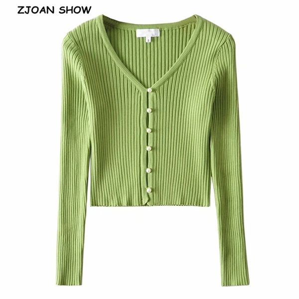 Chic Retro Knitting Single Pearl Pearl Cardigan Sweater Mulher Stripe Linha V Neck Manga Longa Jumper Knitwear de malha 210429