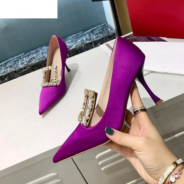 

sandals 2021 pumps spring high heel square buckle rhinestone pointed toe temperament banquet shoes satin stilettos wedding 6bxk, Black