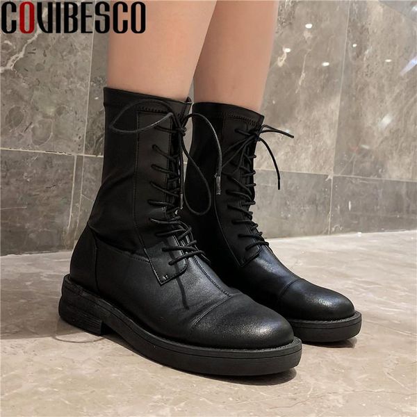 

boots covibesco 2021 autumn winter female warm genuine leather cross tied chunky heels pumps retro office lady party shoes woman, Black