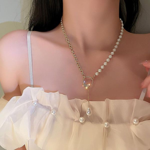 

pendant necklaces minar korea fashion full rhinestones butterfly necklace for women asymmetric beaded pearls chain chokers gifts, Silver