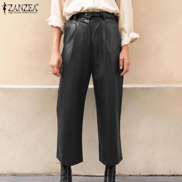 

women's pants & capris 2021 spring long pantalon zanzea fashion zipper work wide leg trousers women casual solid pu leather female stre, Black;white