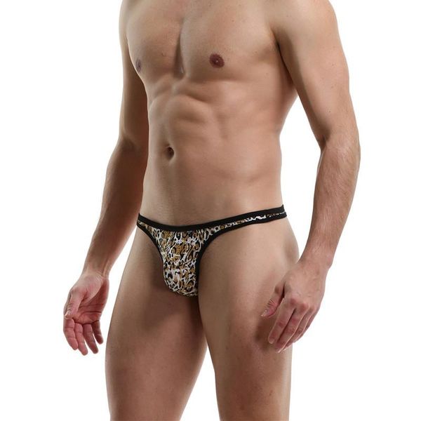 

men briefs ice silky thongs soft low-waist underwear breathable printed leopard male underpants comfortable mens thong, Black;white