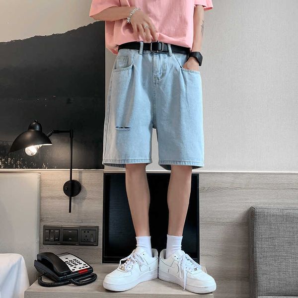 

summer men's jeans shorts casual knee-length short pants denim washed classic ripped hole bottoms homme streetwear clothing 210714, White;black