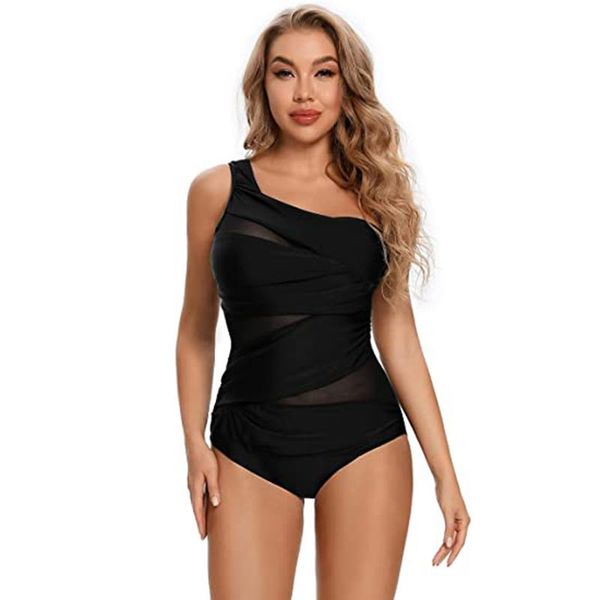 

one-piece suits one shoulder swimwear women 2021 plus sizes bikini mesh insert push up piece swimsuit bodysuits solid bathing 3xl