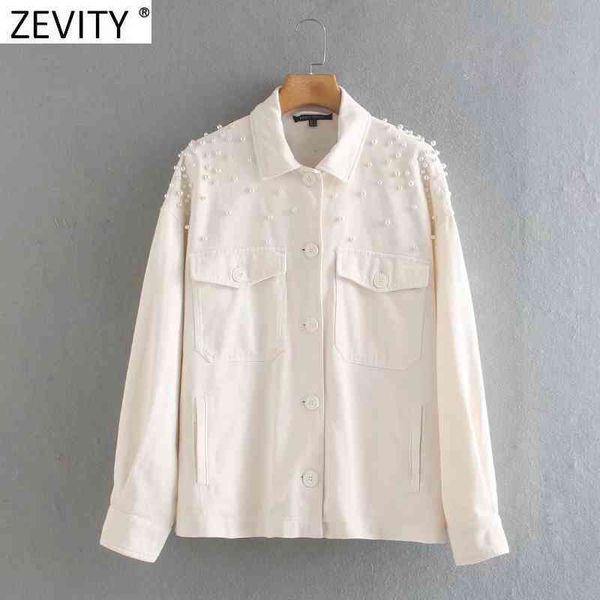 

zevity women fashion pearl decoration chic jacket ladies pockets patch breasted casual loose coat leisure brand ct562 210419, Black;brown