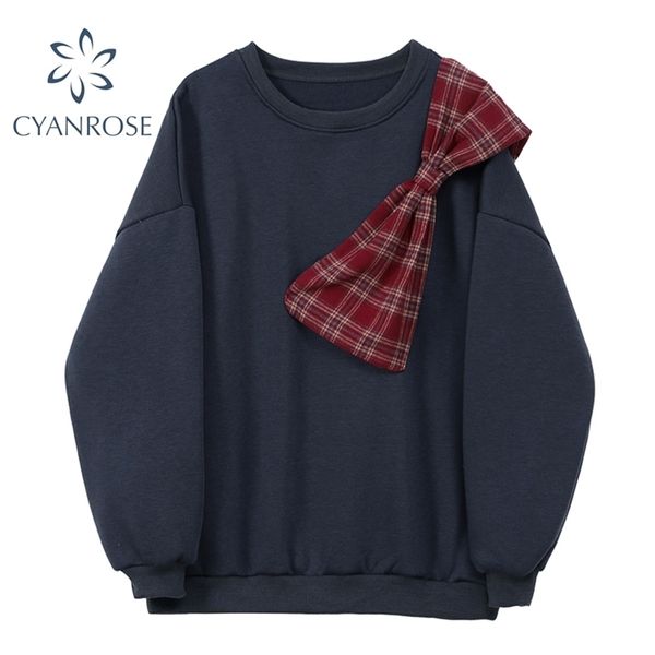 

sweet bow patchwork sweatshirt and sweatwear women crewneck pullover oversized streetwear preppy style solid ins sportswear 210515, Black