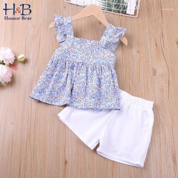 

clothing sets humor bear girls clothes summer flying sleeve floral printed +solid color short 2pcs toddler kids11, White