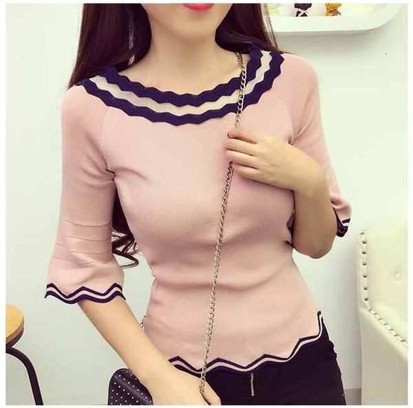 

women's t-shirt spring women elegant knitted half sleeve ruffles t ladies flare s tees s feme short knitting 8uki, White