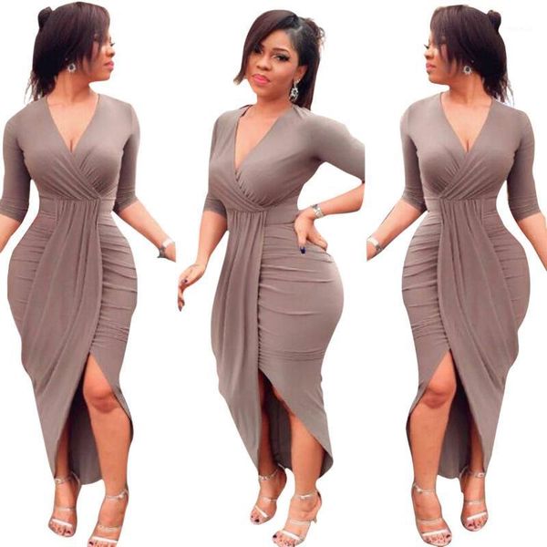

creative autumn dress deep v-neck party lady bodycon pleated split asymmetrical women fashion soft casual dresses, Black;gray