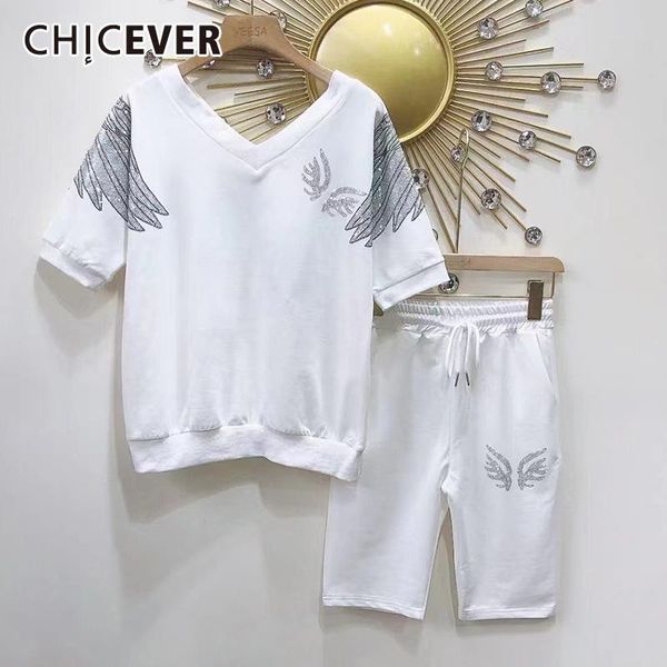 

women's tracksuits chicever casual two piece set for women v neck short sleeve t shirts high waist loose pants white sets female 2021 c, Gray