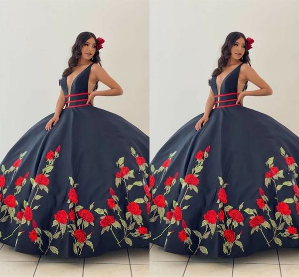 

2022 rose flowers embroidered quinceanera dresses black plung v-neck cap sleeve prom ball gown sweet 16 dress satin, Blue;red
