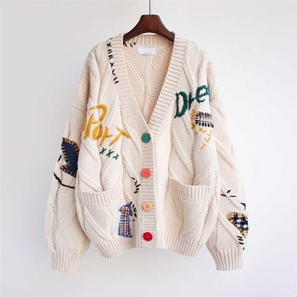 

autumn winter women cardigans warm knitted sweater jacket pocket embroidery fashion knit cardigan coat lady loose sweaters 211021, White;black