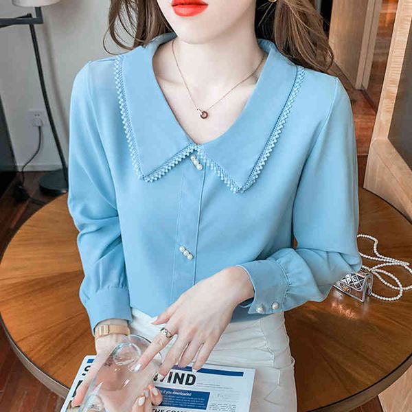 

women's blouses & shirts blouses for spring and fall, shirts with a peter pan collar, long sleeve shirt, korean fashion, 2ywv, White
