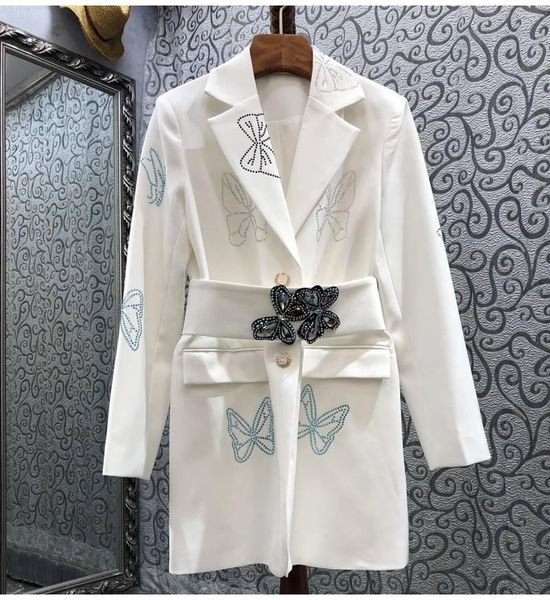 

casual dresses long blazer dress 2021 autumn women notched collar crystal beading belt deco sleeve outfits female, Black;gray