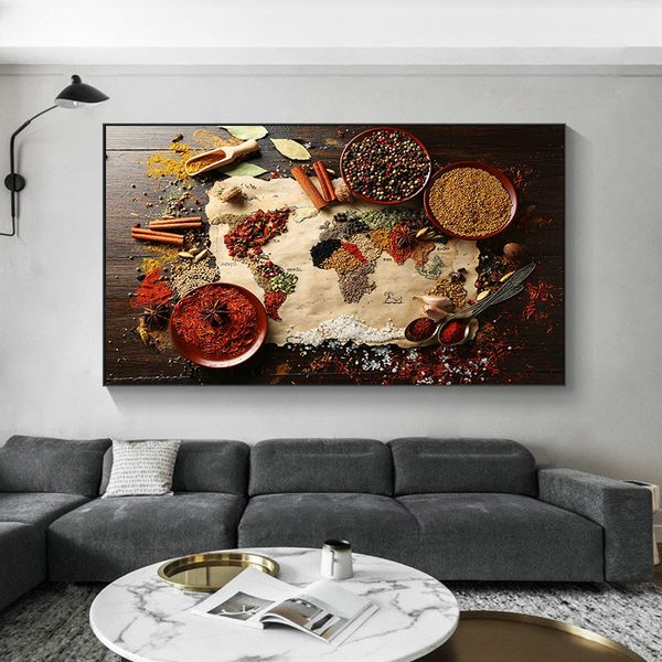 

kitchen wall decorations colorful spices food map for restaurant home decor canvas paintings modern poster art cuadros print
