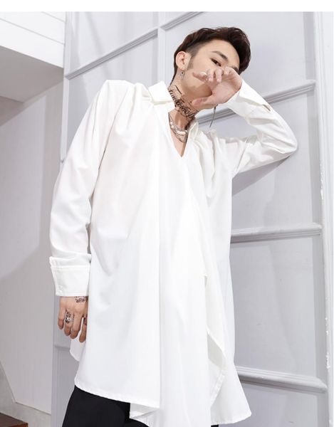 

men's casual shirts medium and long tied waist sleeve shirt irregular loose elegant small coat personalized performance stage, White;black