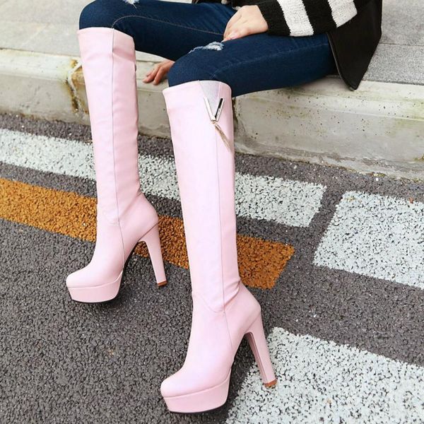 

boots fashion pink white women's high 2021 platform heels knee women shoes pu leather autumn winter ladies, Black
