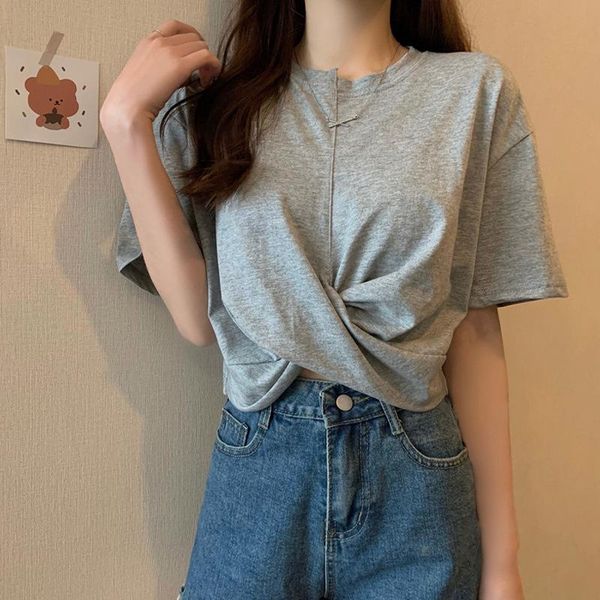 

women's t-shirt girl short-sleeved 2021 summer design high-waist cropped blouse clothes, White