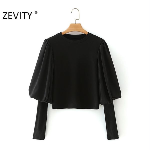 

zevity women vintage pleat lantern sleeve patchwork casual smock blouse office ladies black knitting femininas shirt ls7255 210419, White