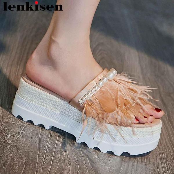 

lenkisen sweet fairy design slip on women sandals high bottom peep toe wedges platform luxury ostrich feather beading shoes l31, Black