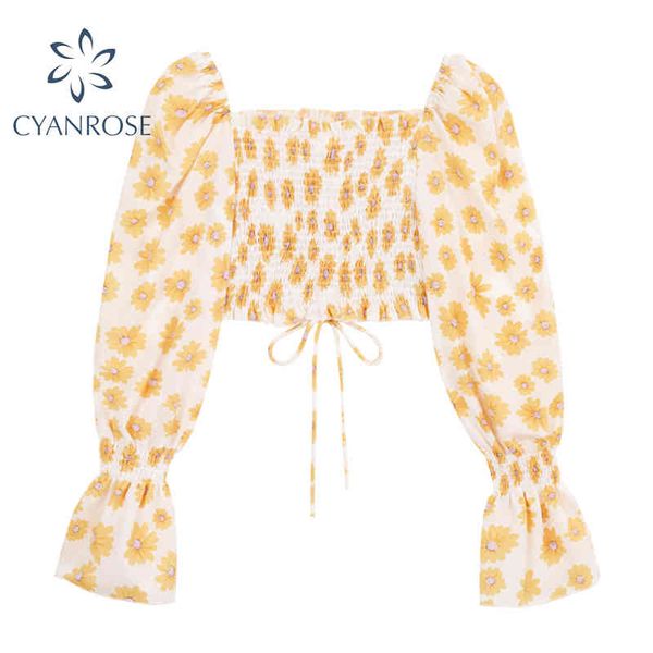 

daisy print elastic crop blouses women stylish flare long sleeve drawstring lace-up mori girl shirts ins slim korean 210417, White