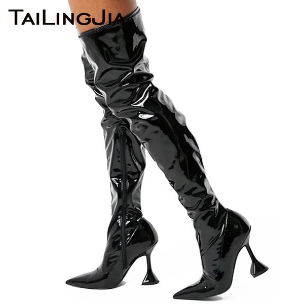 

boots black patent leather long for women pointed toe over the knee 2021 arrival large size footwear hoof heels