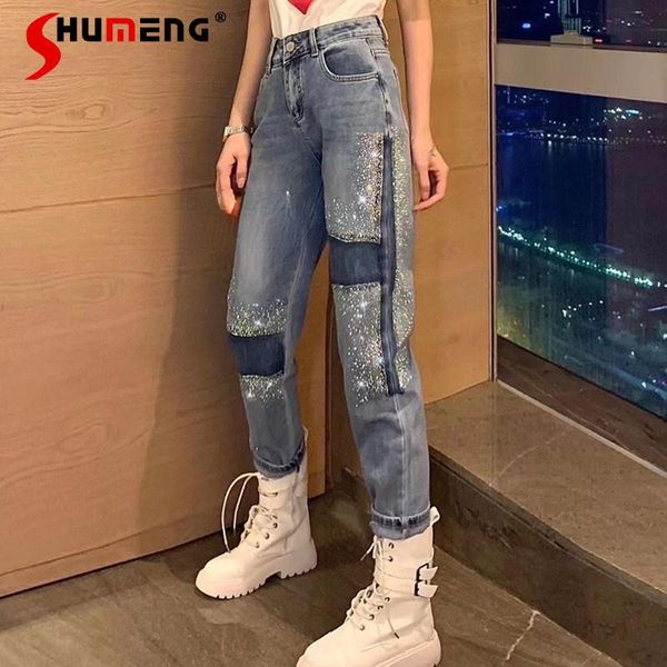 

women's jeans 2021 summer fashion rhinestone high waist loose stitchingankle-length harem pants for female, Blue