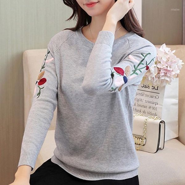 

women's sweaters 2021 spring fashion round neck long sleeve flower embroidered gray knitting warm loose sweater women tide high quality, White;black