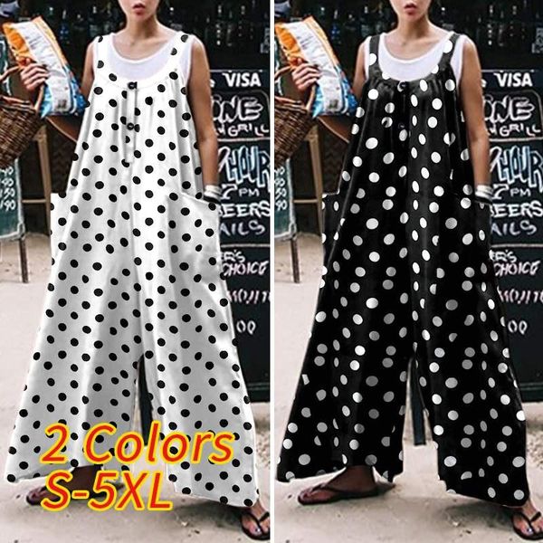 

loose overalls 2021 women sleeveless vintage dot printed rompers casual wide leg jumpsuits plus size elegant playsuit women's &, Black;white