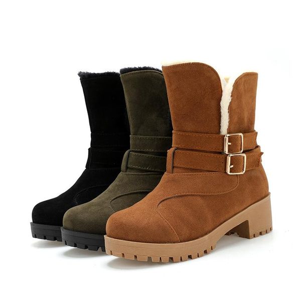 

boots big size 34-43 ladies winter warm fur ankle fashion buckle chunky heels snow women plush shoes woman, Black