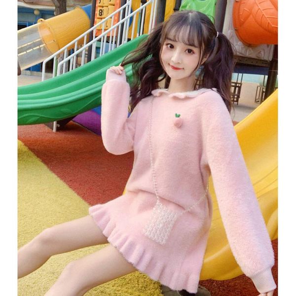

women's sweaters autumn pink cute korea adorable girl knitted wear kawaii cartoon ears collar pullover women long ruffles hem sweater, White;black