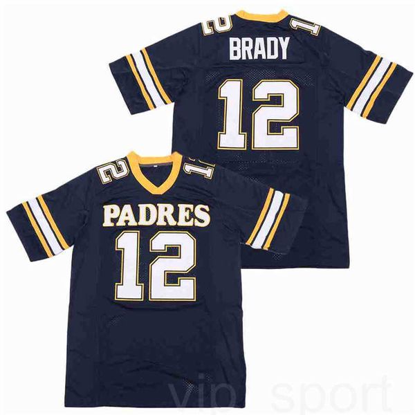 12 Maglia da calcio Tom Brady High School Junipero Serra Padres Blu navy Colore della squadra Away Ed e ricamo di alta qualità