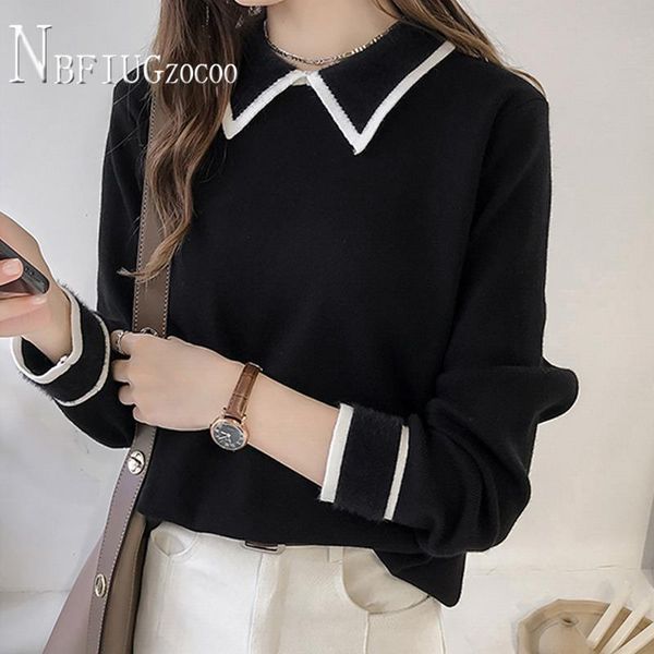 

women's sweaters black and white stripe collar cuff women sweater autumn female bottoming, White;black