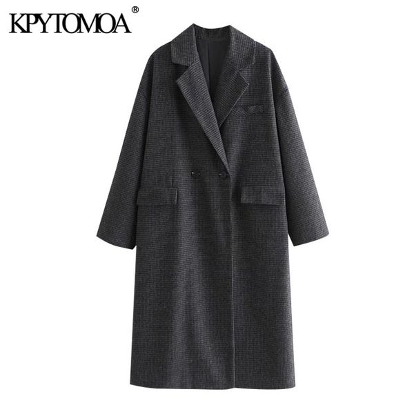 

women fashion double breasted houndstooth woolen coat vintage long sleeve pockets female outerwear chic overcoat 210416, Black