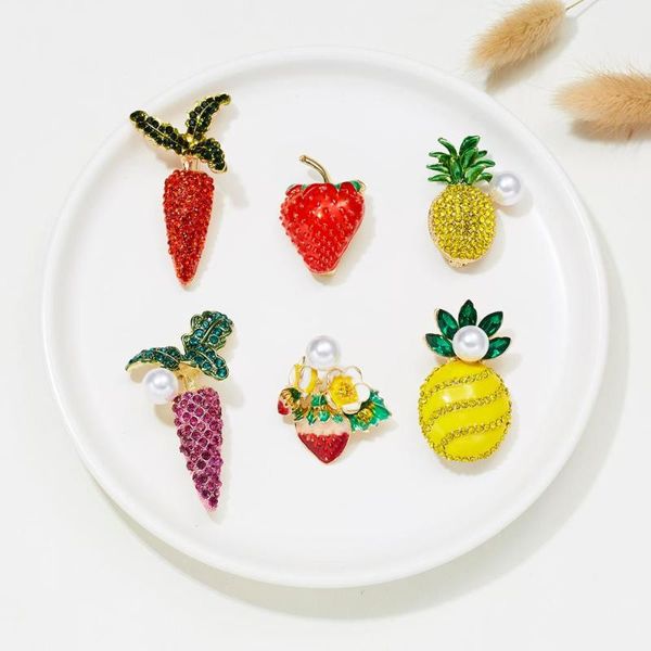 

pins, brooches rhinestone enamel fruit shape red strawberry brooch for women green leaf carrot pineapple suit lapel pin clothing badge, Gray