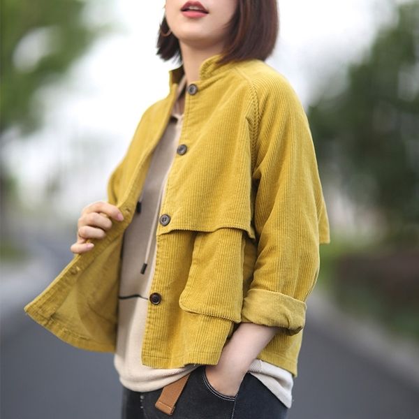 

johnature autumn casual fashion patchwork pocket stand corduroy coats solid color long sleeve vintage women short coats 210521, Black;brown