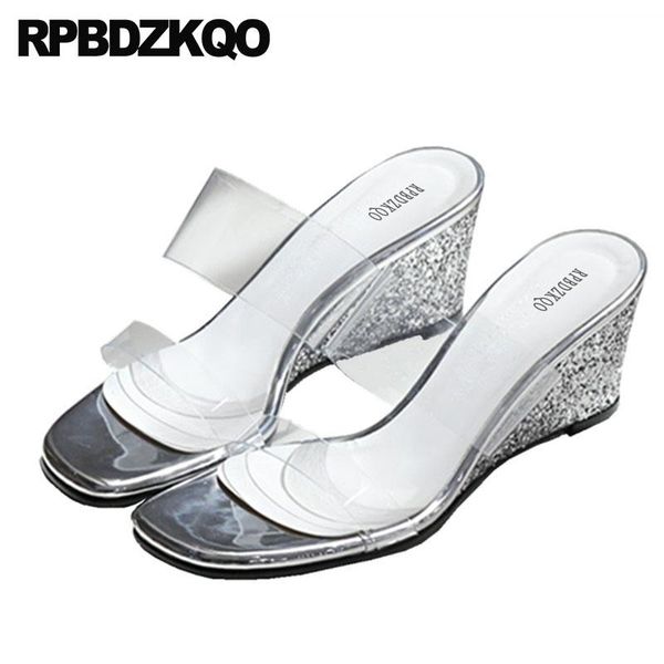 

high heels clear strap sandals wedge pumps slides sequin big size gold bling silver glitter shoes slippers pvc transparent women, Black