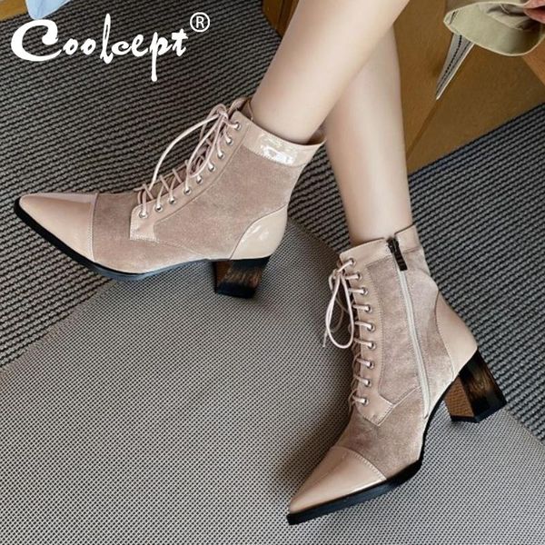 

boots coolcept women pointed toe thick heel genuine leather shoes solid color ladies footwear size 34-39, Black